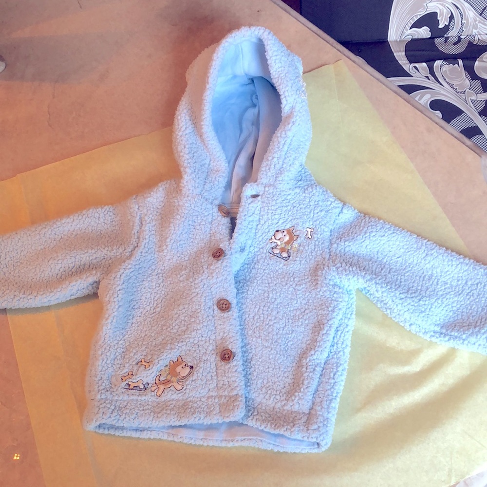 First Moments baby boy 100% cotton lined Sherpa style hoodie with "ears". 3-6 mo